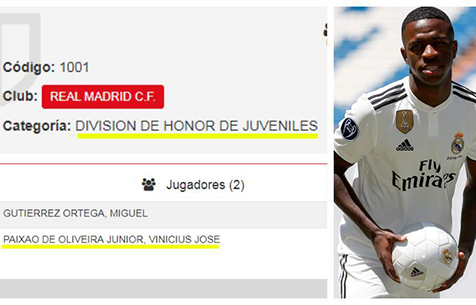 "Мадрид" зарегистрировал Винисиуса, как игрока "Хувениль А"