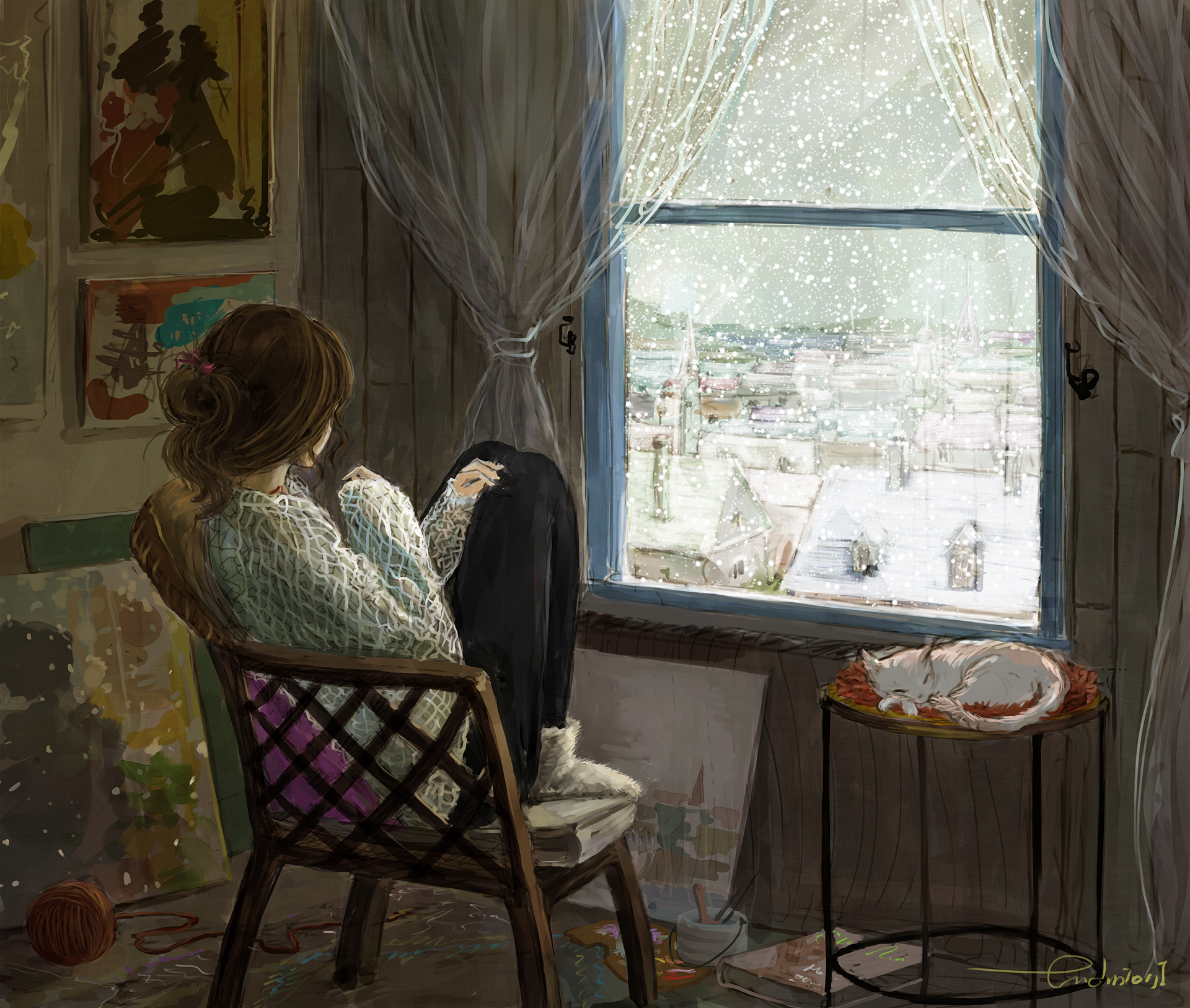 Сидел перед мамой. Endmion1 художник. Уютные иллюстрации. Окно живопись. У окна картины художников.