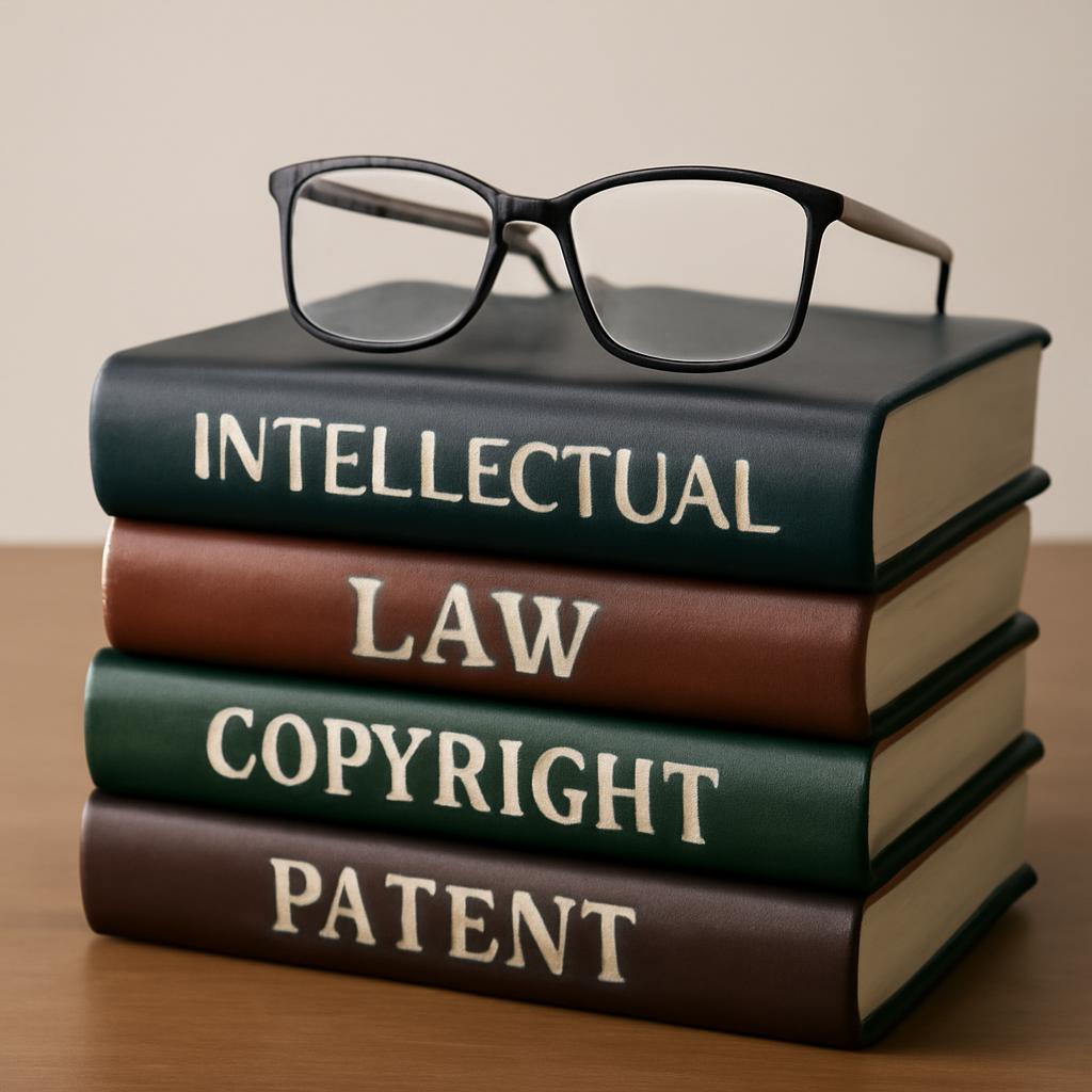 Стопка юридических книг с очками сверху, символизирующая изучение законов об интеллектуальной собственности