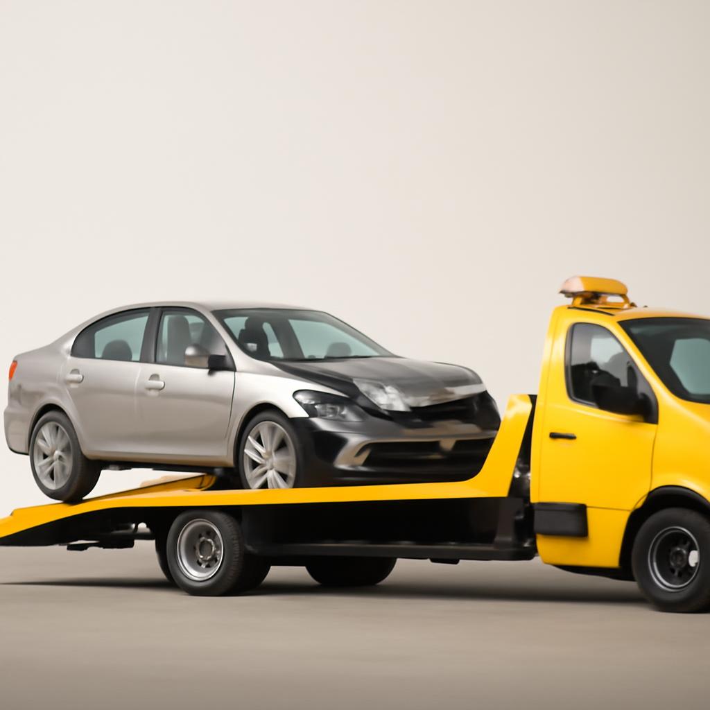 Эвакуатор забирает поврежденный автомобиль после быстрой сделки по выкупу