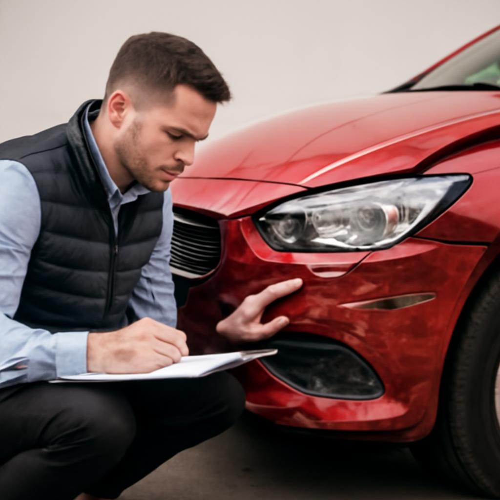 Оценщик осматривает повреждения красного автомобиля после аварии