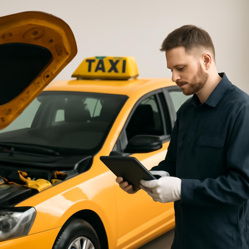 Специалист проводит диагностику автомобиля из такси перед выкупом