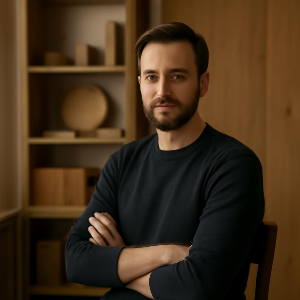 Дмитрий Соколов — портрет дизайнера в студии с деревянными элементами