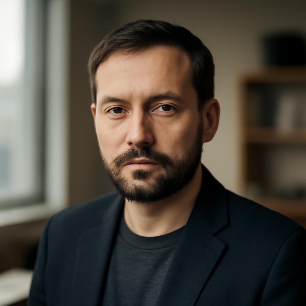 Дмитрий Лебедев — портрет автора в профессиональной студийной съёмке с фоном в стиле офиса