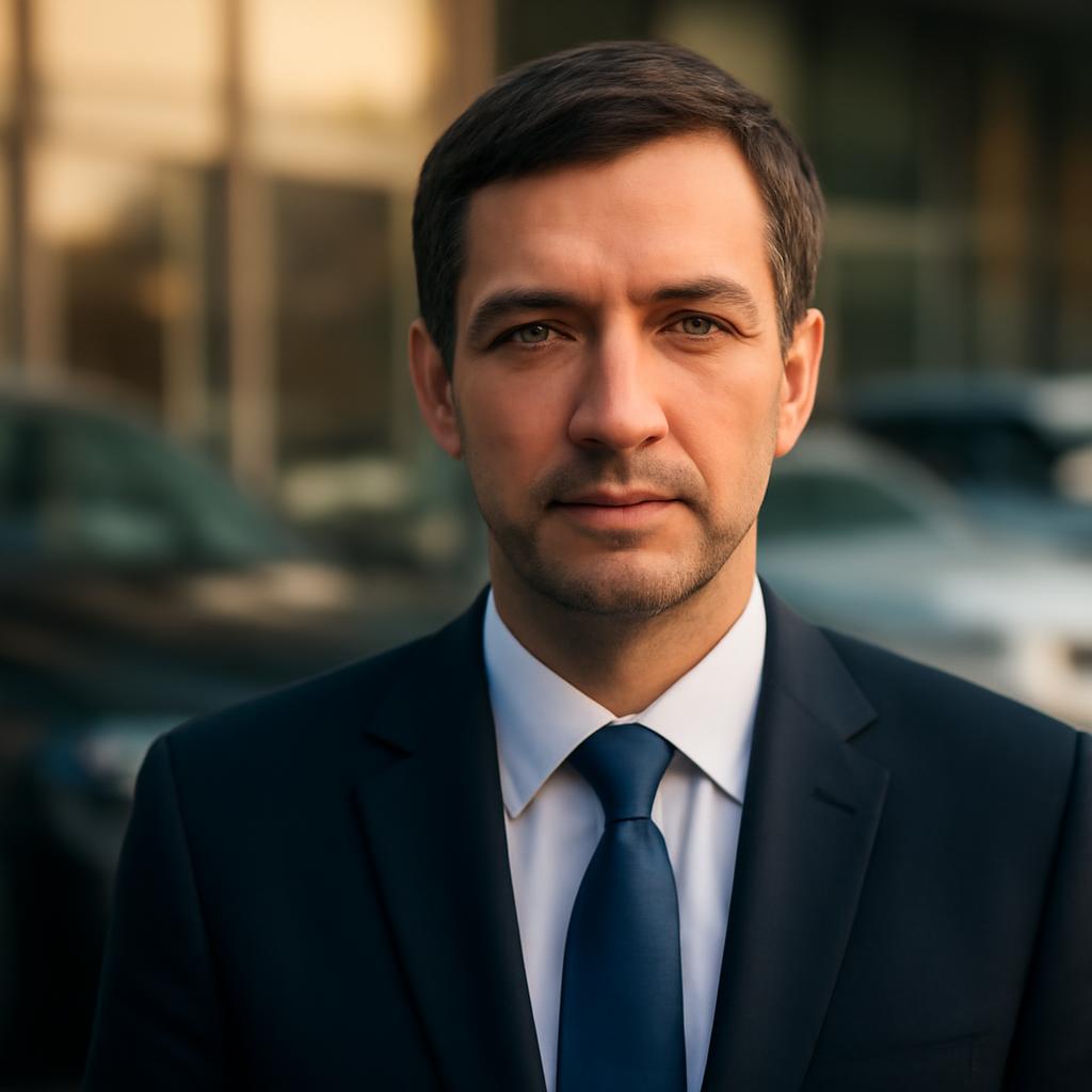 Дмитрий Козлов — портрет автора статьи, мужчина средних лет в деловом костюме на фоне автосалона