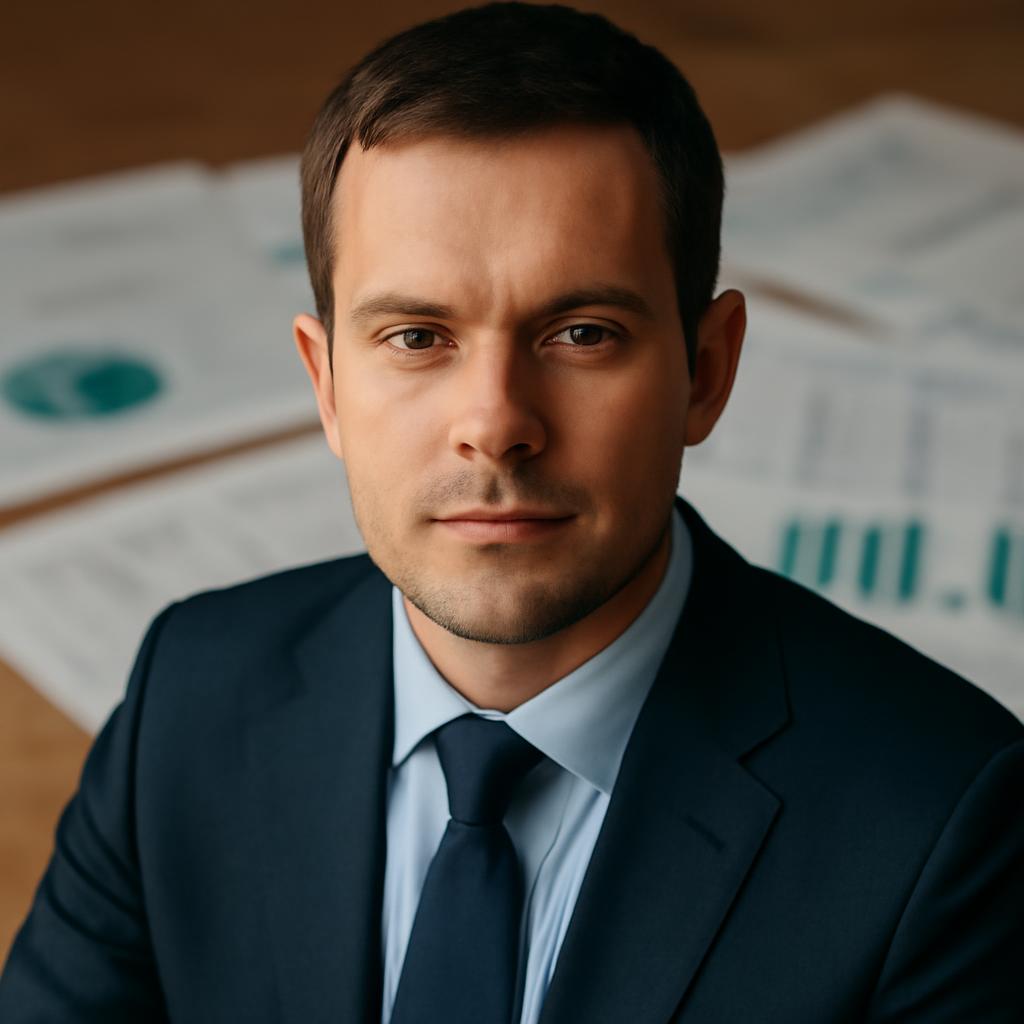Дмитрий Козлов — портрет автора статьи в деловом костюме на фоне финансовых документов