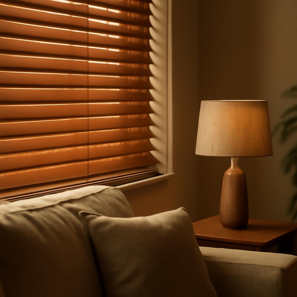 Деревянные жалюзи в уютной гостиной