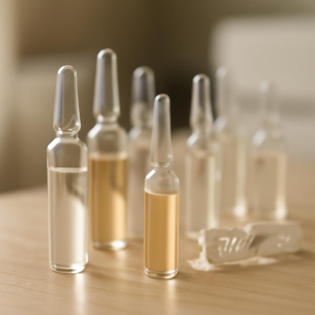 Ассортимент ампул с препаратами для мезотерапии лица на столе косметолога