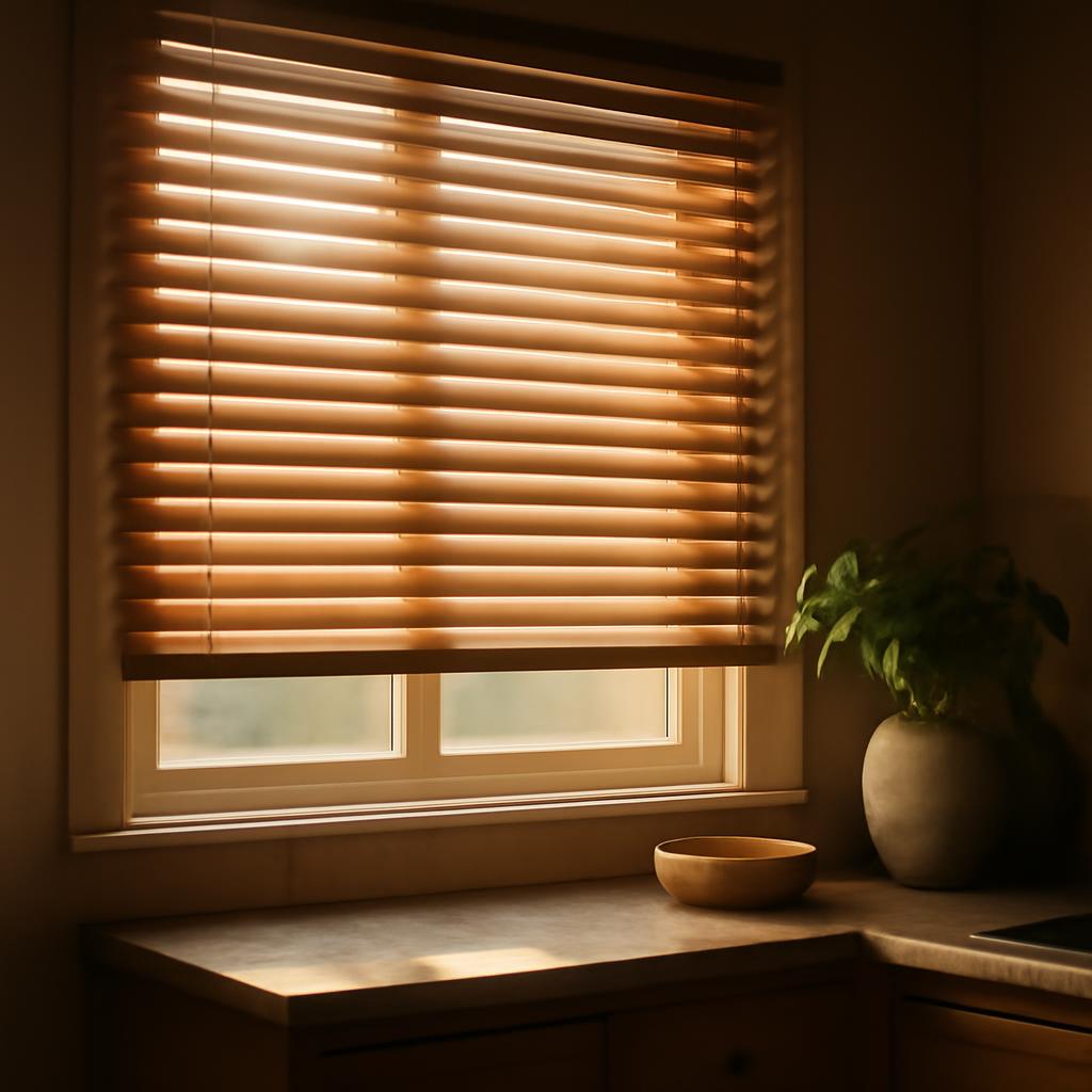 Жалюзи в кухонном интерьере с теплыми оттенками