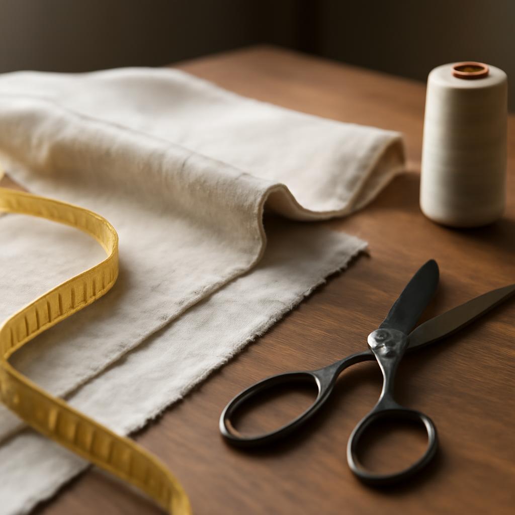 Раскрой ткани для штор на столе с инструментами