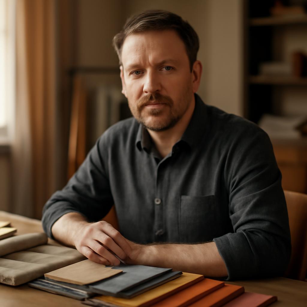 Сергей Козлов — портрет дизайнера в рабочем окружении с образцами тканей