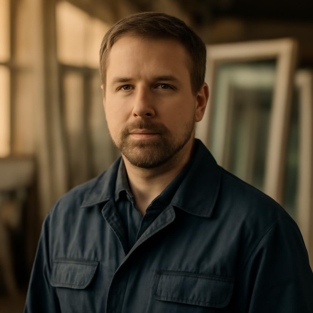 Дмитрий Козлов — портрет автора статьи, инженер в рабочей одежде на фоне оконных конструкций
