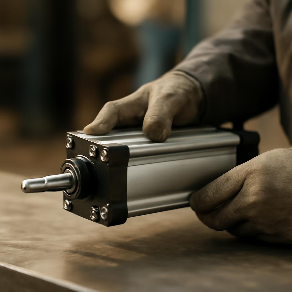 Процесс монтажа пневмоцилиндра на производственной линии