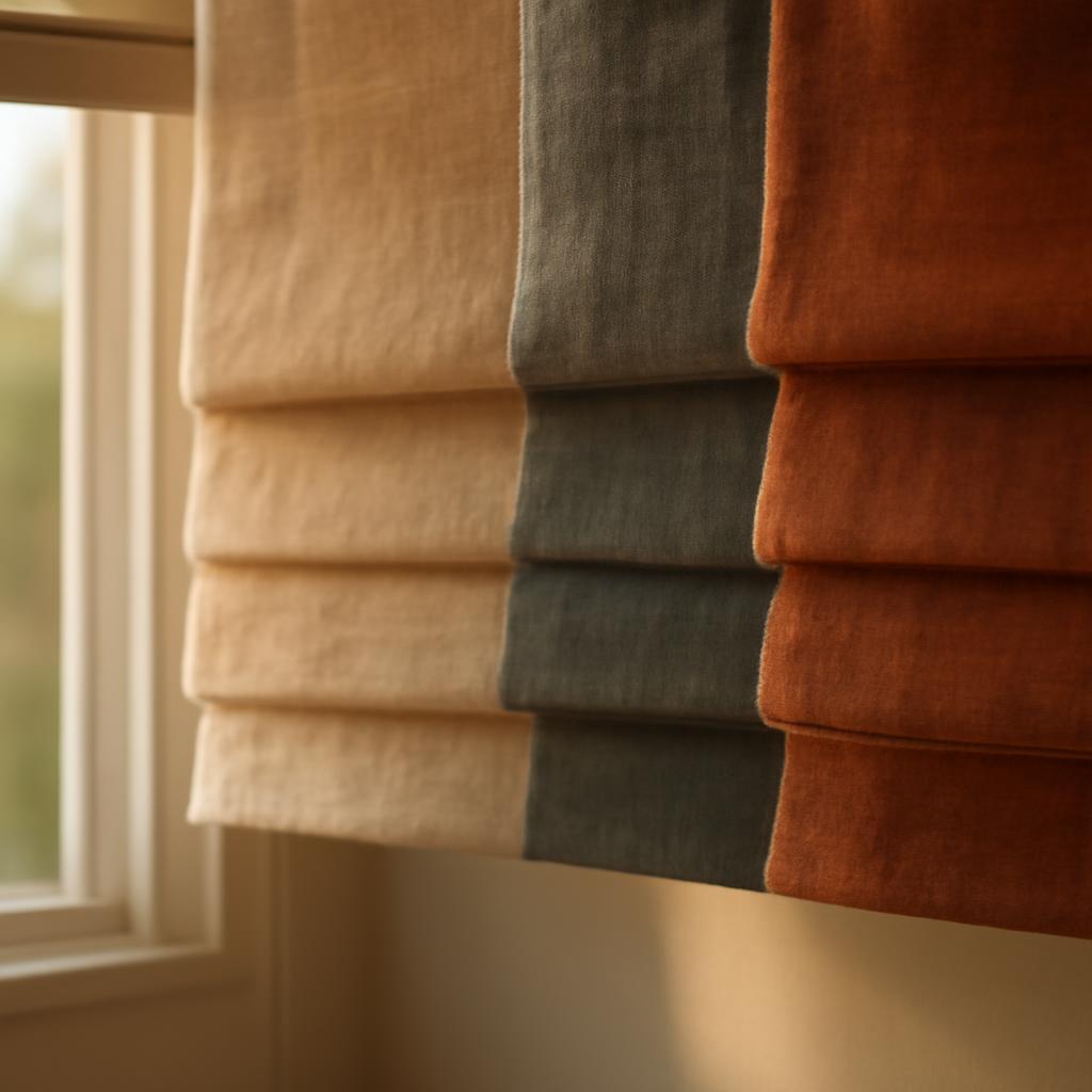 Различные ткани и цвета римских штор в интерьере