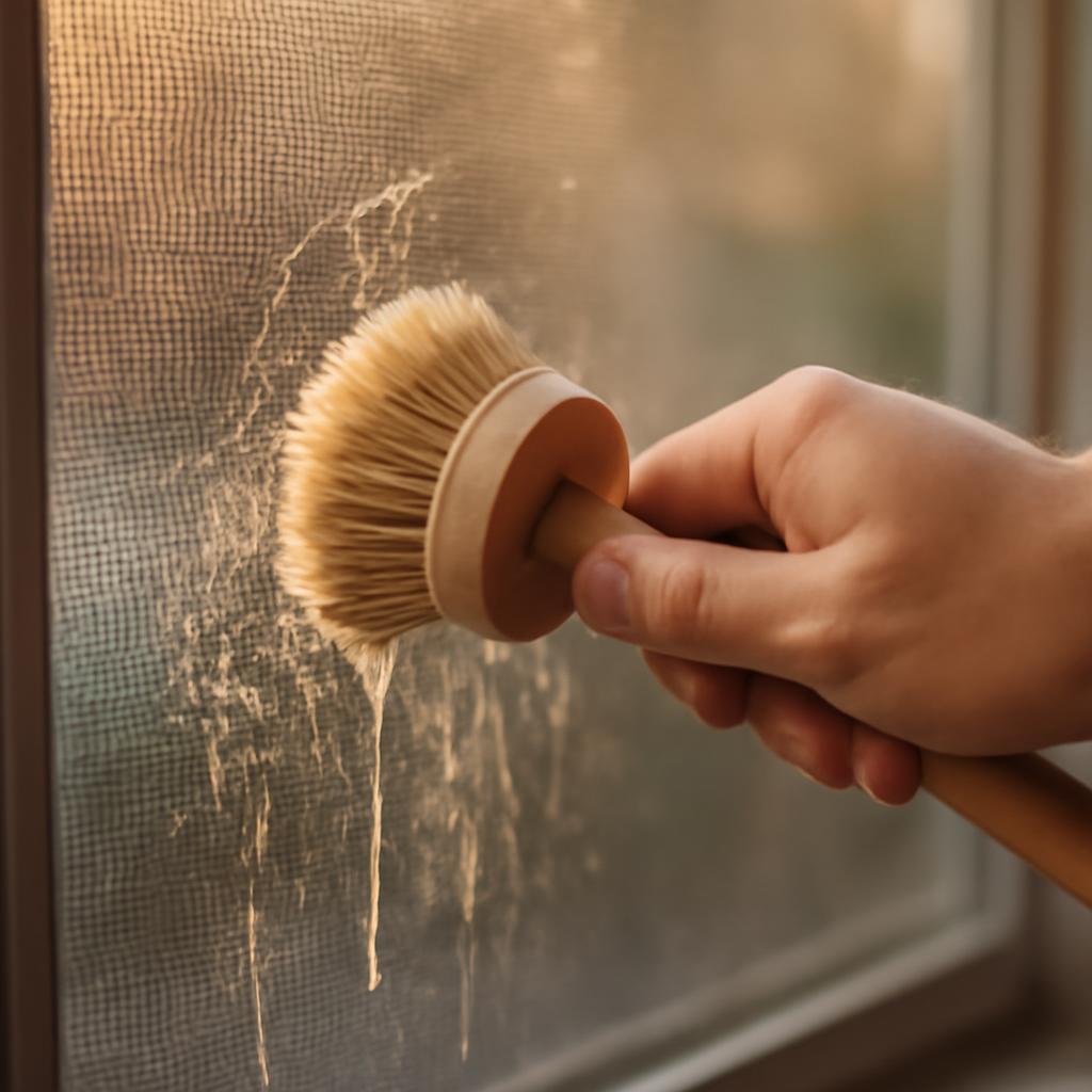 Процесс чистки москитной сетки с использованием мягкой щетки и воды