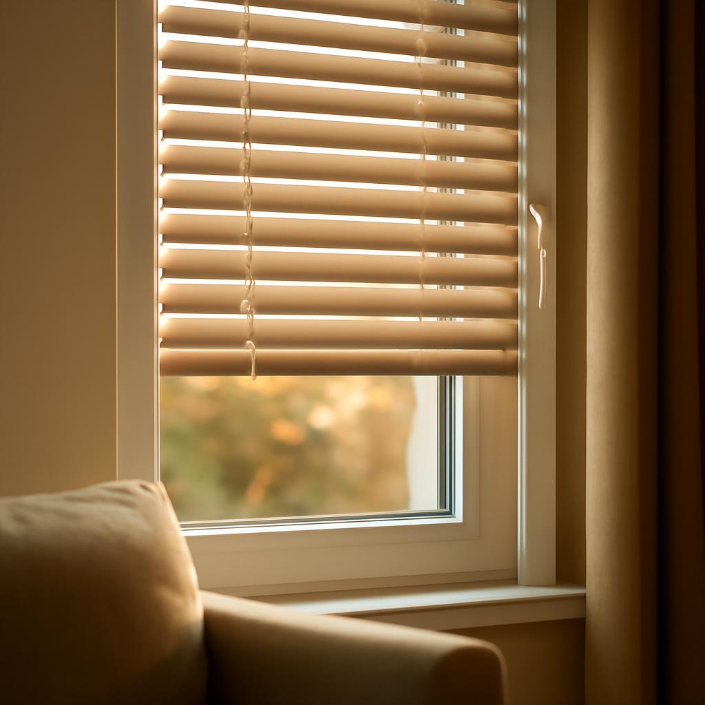 Жалюзи на пластиковом окне в интерьере гостиной