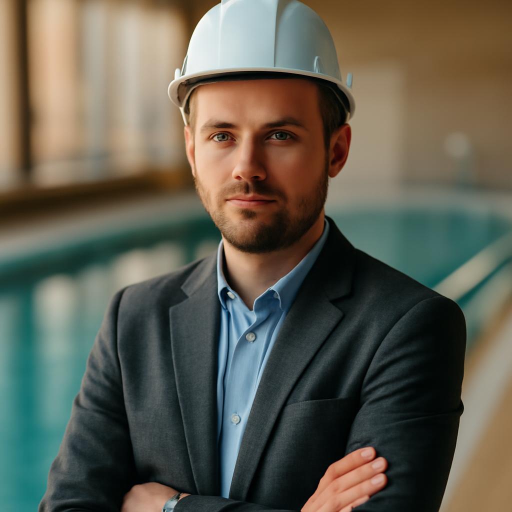 Дмитрий Ковалёв — портрет инженера в профессиональной обстановке у модели бассейна