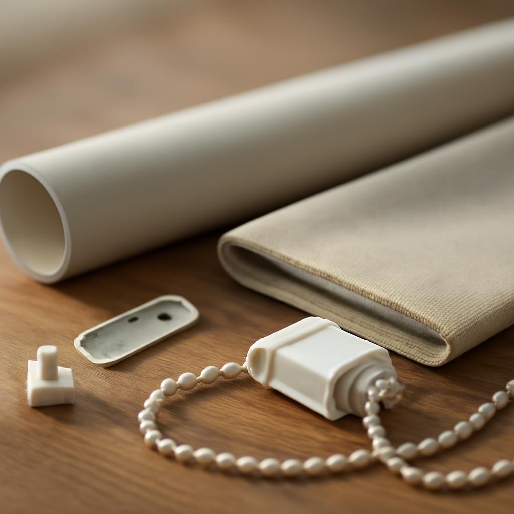 Компоненты рулонной шторы на столе перед сборкой