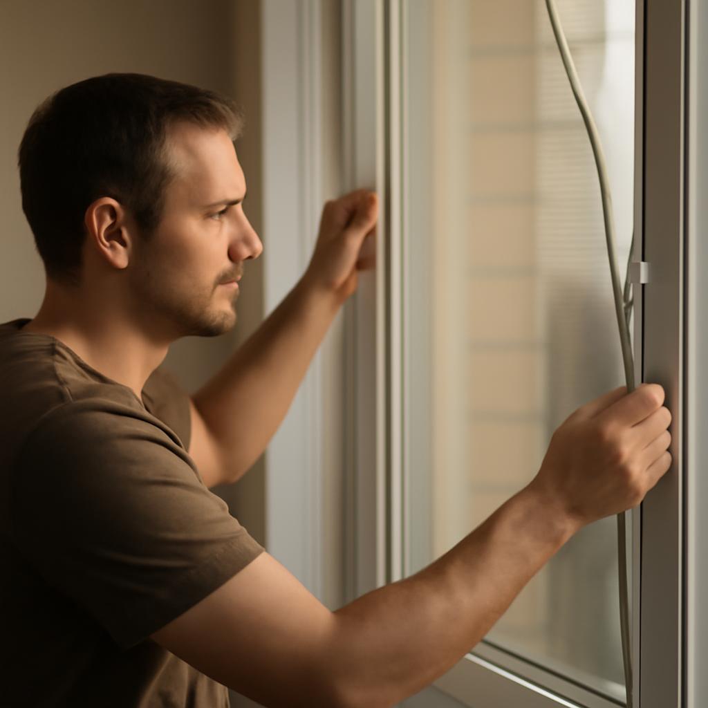 Специалист устанавливает москитную сетку на окно в квартире