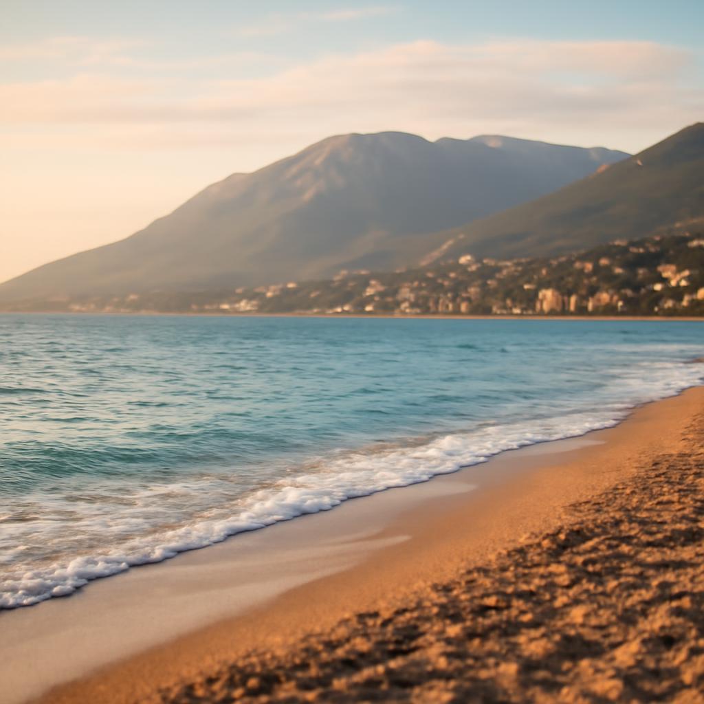 Пляж в Ялте с видом на море и горы