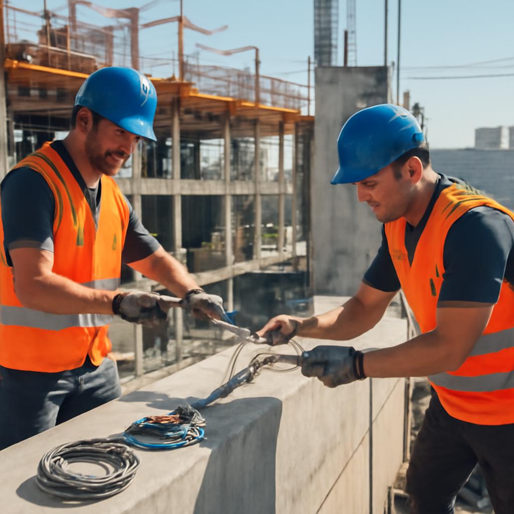 Установка мобильной анкерной линии на строительной площадке