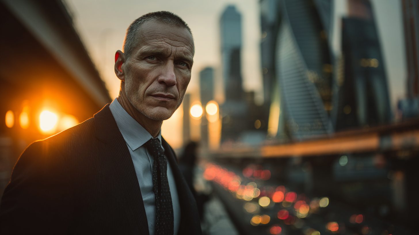 Дмитрий Соколов &mdash; портрет автора в деловом костюме на фоне городской инфраструктуры