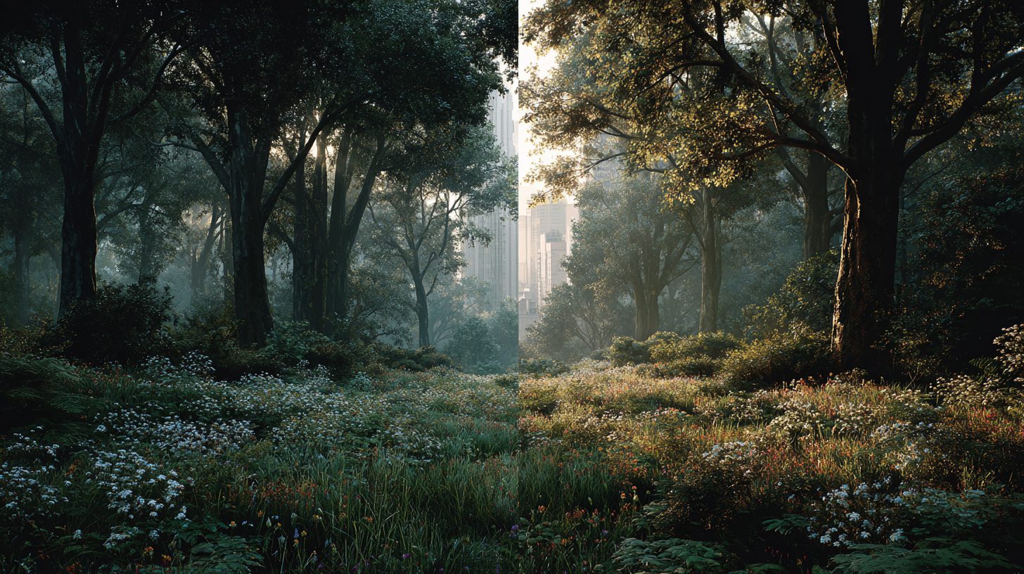 Фотореалистичное изображение в стиле профессиональной фотографии, разделенное на две равные половины композицией: слева сцена самостоятельно