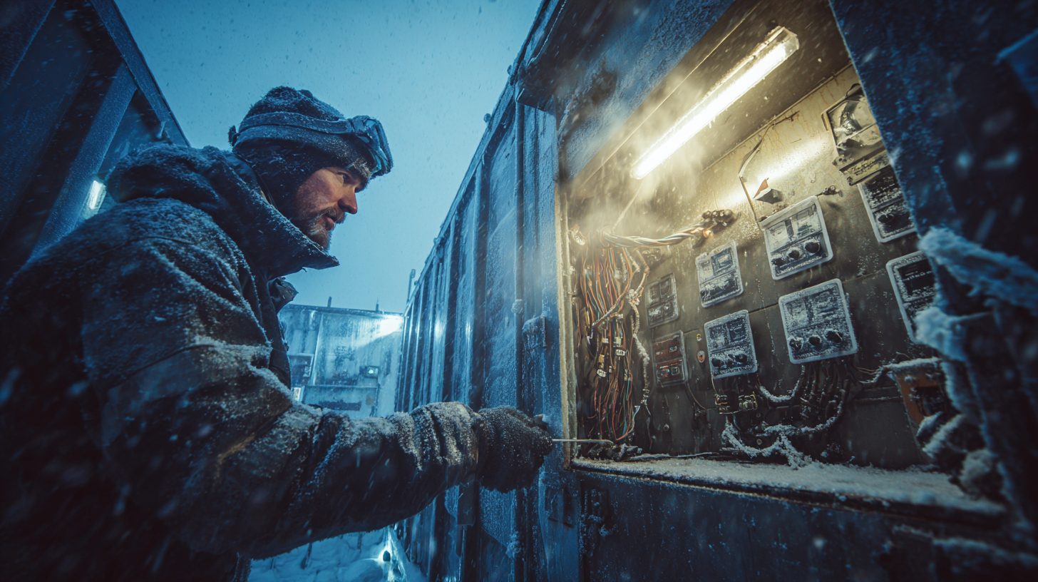 Эксперт проверяет дизельный генератор 500 кВт в контейнере на морозе