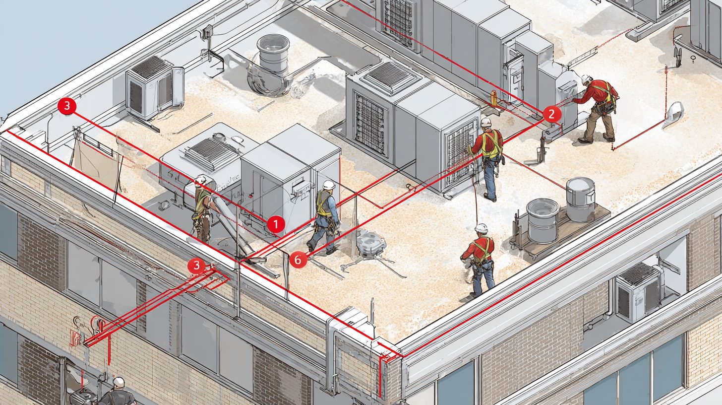 Схема установки горизонтальной страховочной анкерной линии на крыше здания