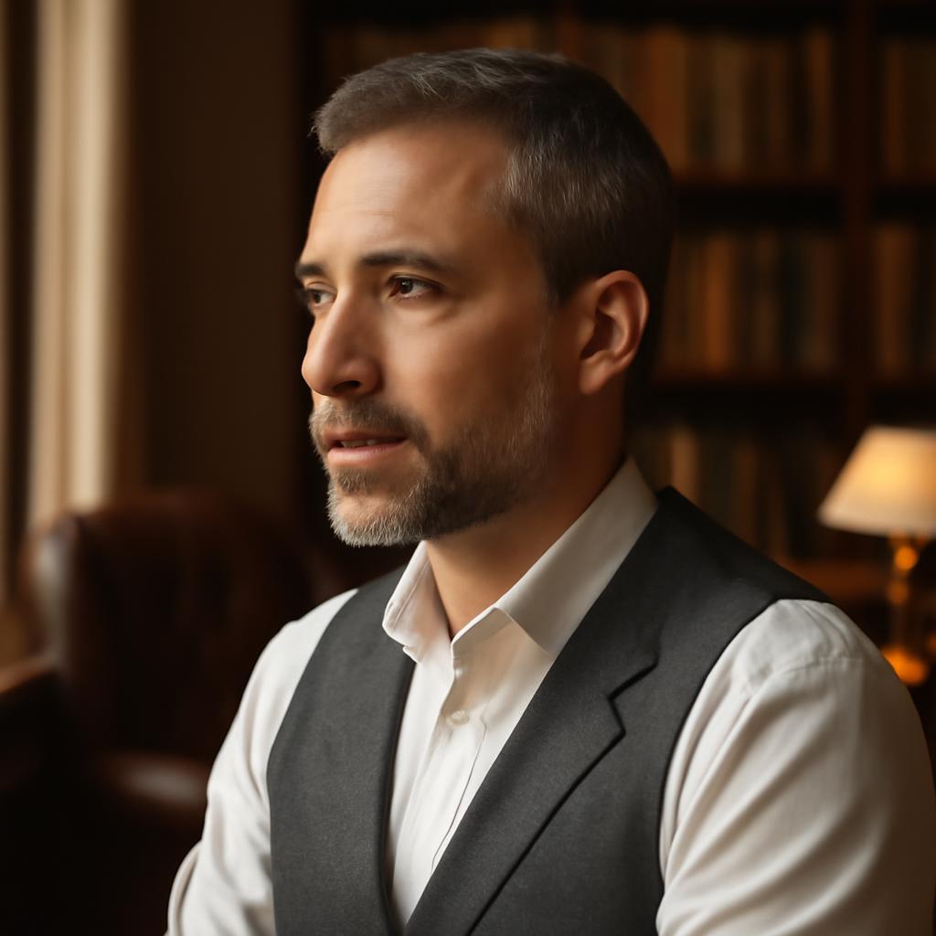 Дмитрий Козлов — портрет опытного психолога средних лет в кабинете с книгами, в профиль с задумчивым взглядом