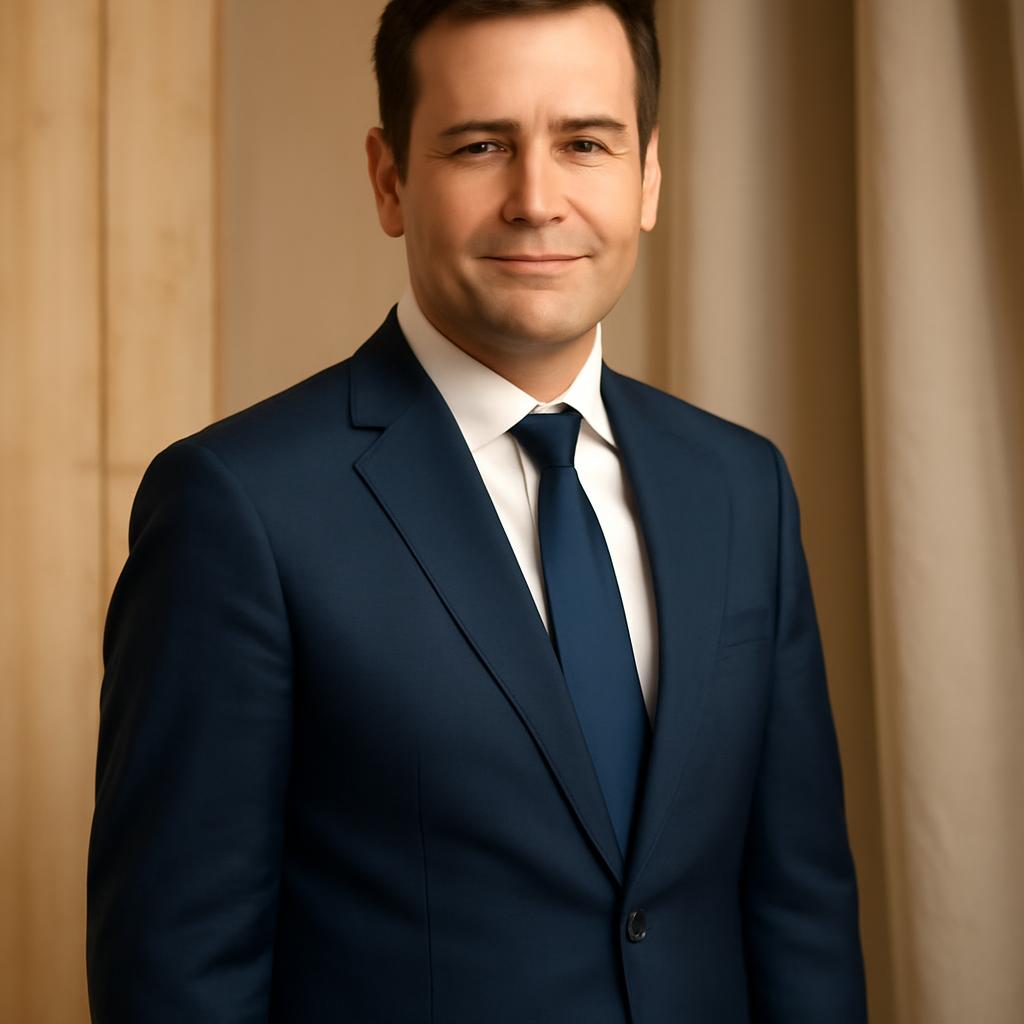 Дмитрий Воронин — фото автора в естественной студийной обстановке с теплым освещением, в деловом костюме