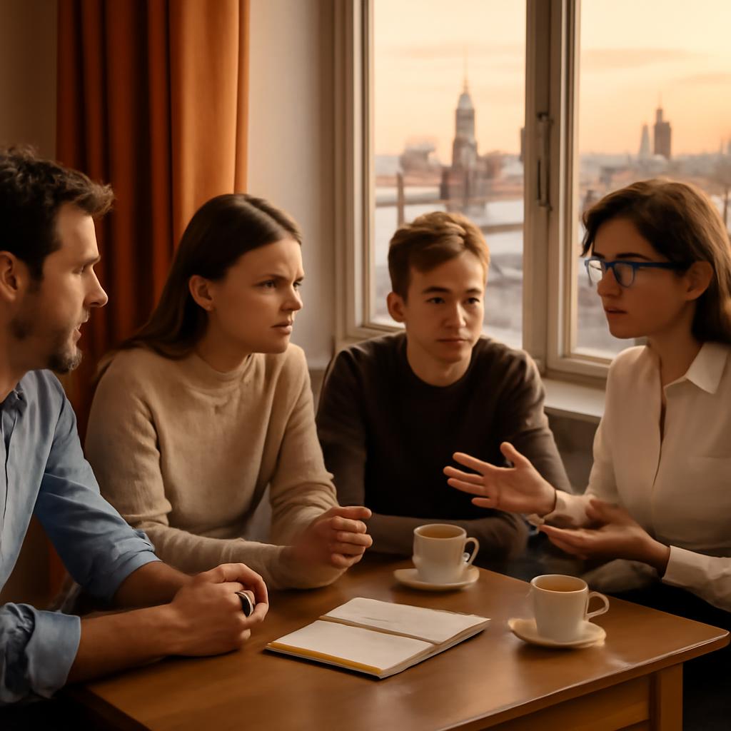 Семья в Москве обсуждает проблемы с психологом