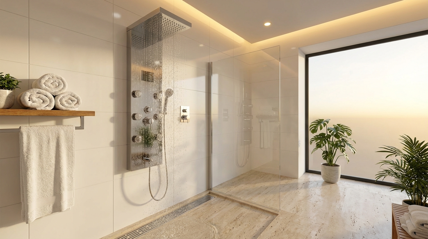 Современная душевая система с элементами гидротерапии в домашнем SPA