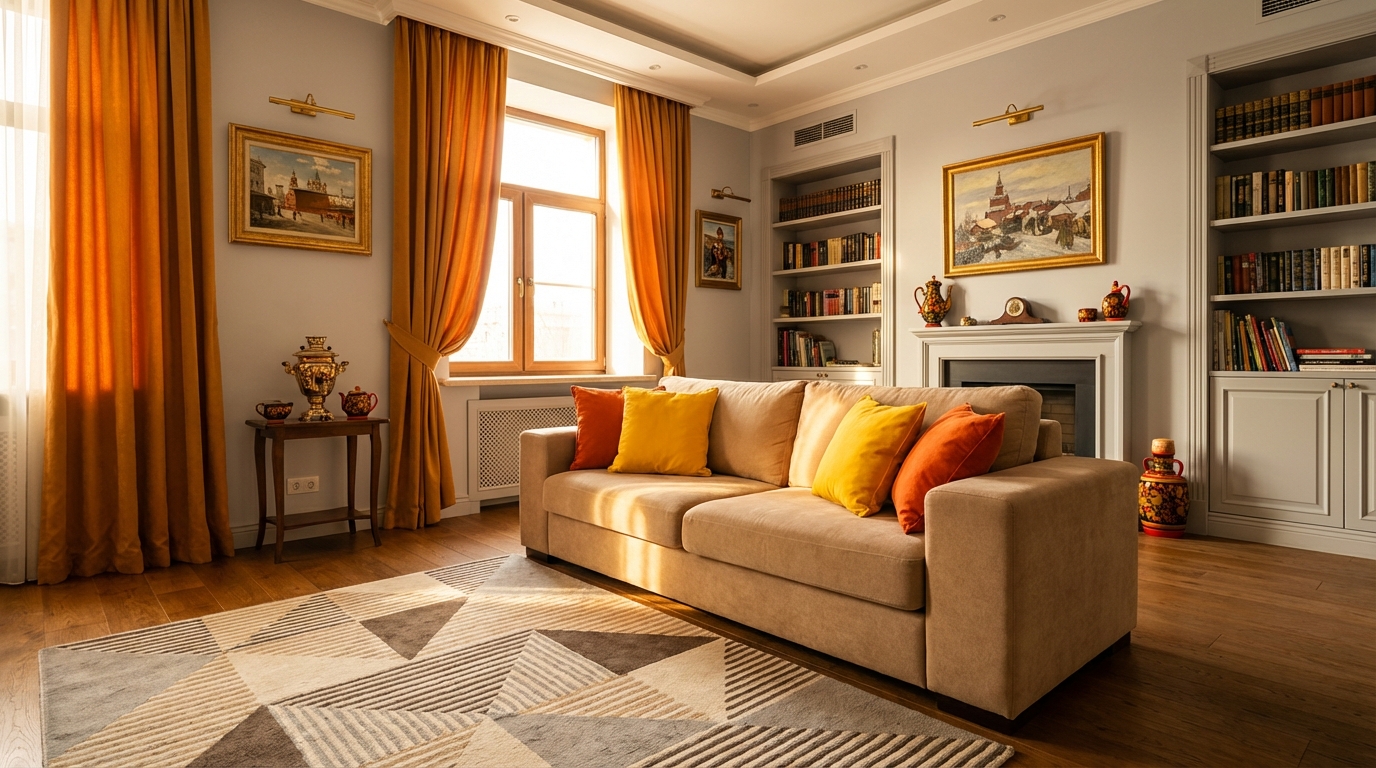 Интерьер московской гостиной с желтыми и оранжевыми акцентами для энергии