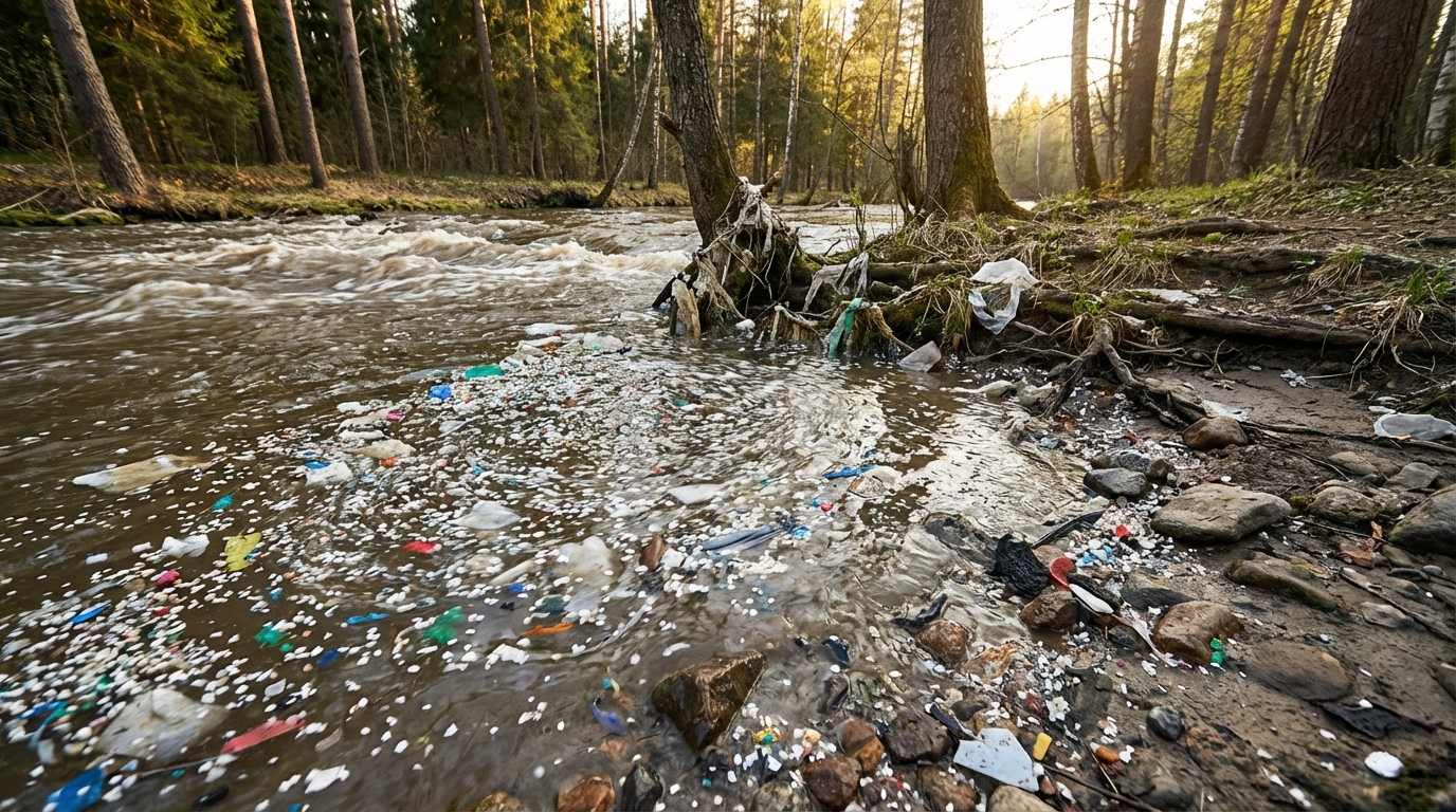 Микропластик в российской реке из разложившихся пакетов