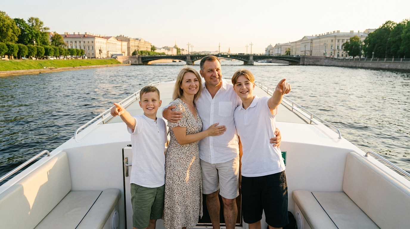 Семья на катере во время летней экскурсии по Неве
