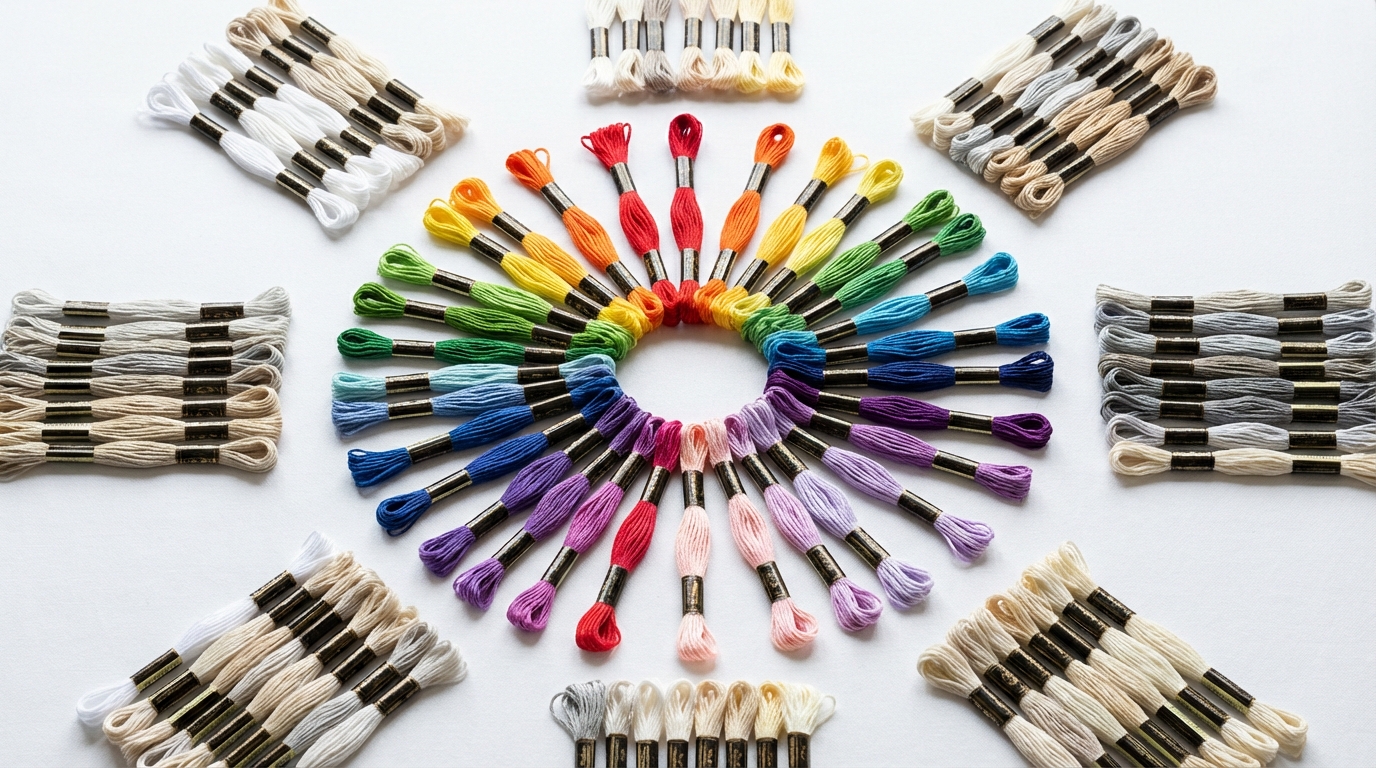 Разнообразие ниток для вышивки крестом на белом фоне