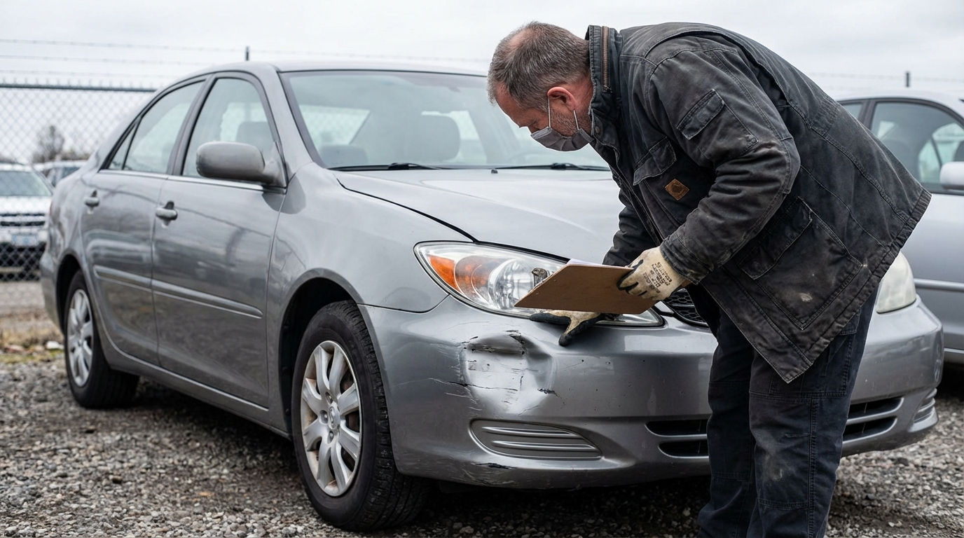 Эксперт оценивает повреждения автомобиля после аварии