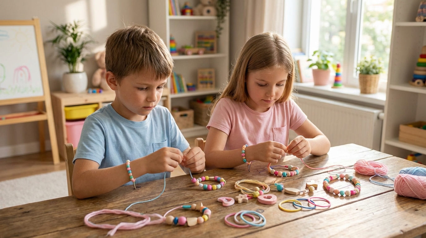 Дети создают браслет из безопасных материалов для рукоделия
