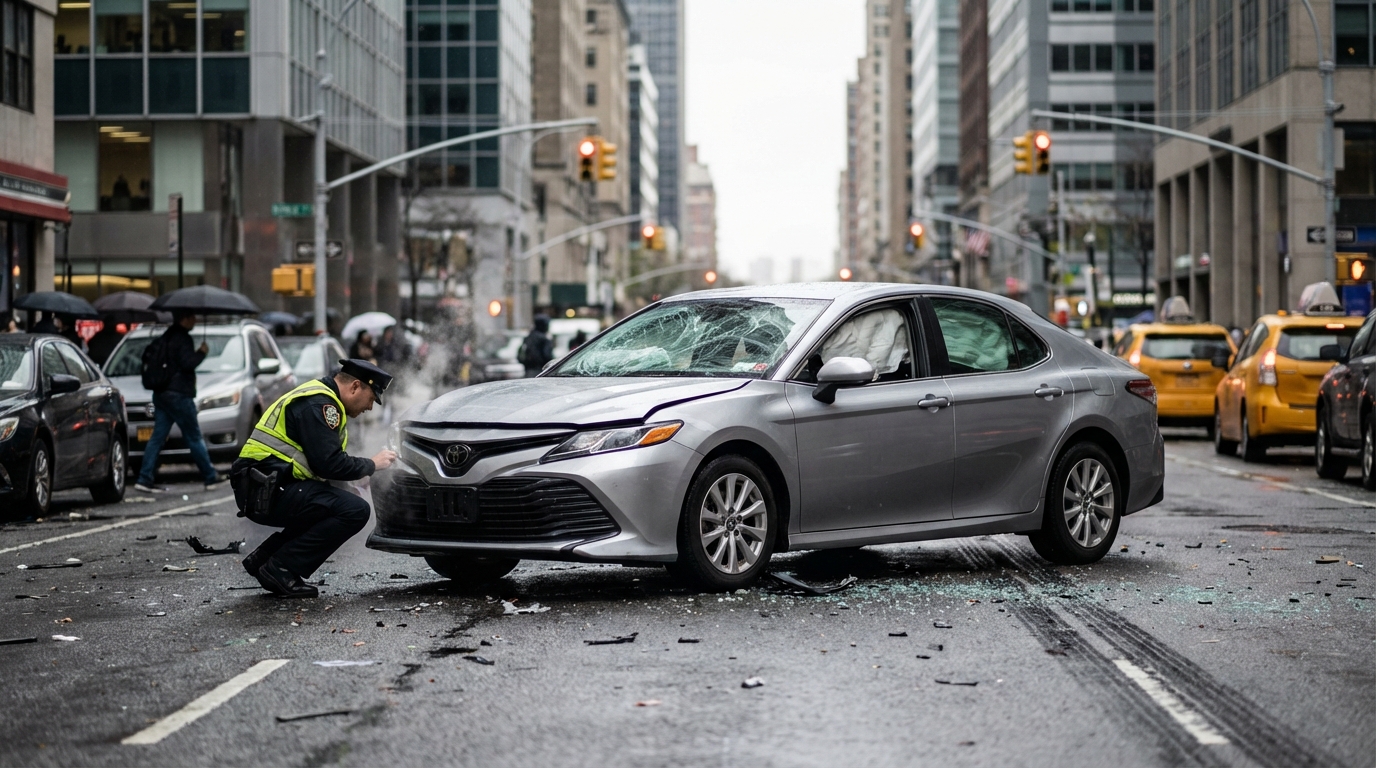 Автомобиль с повреждениями после ДТП на городской улице