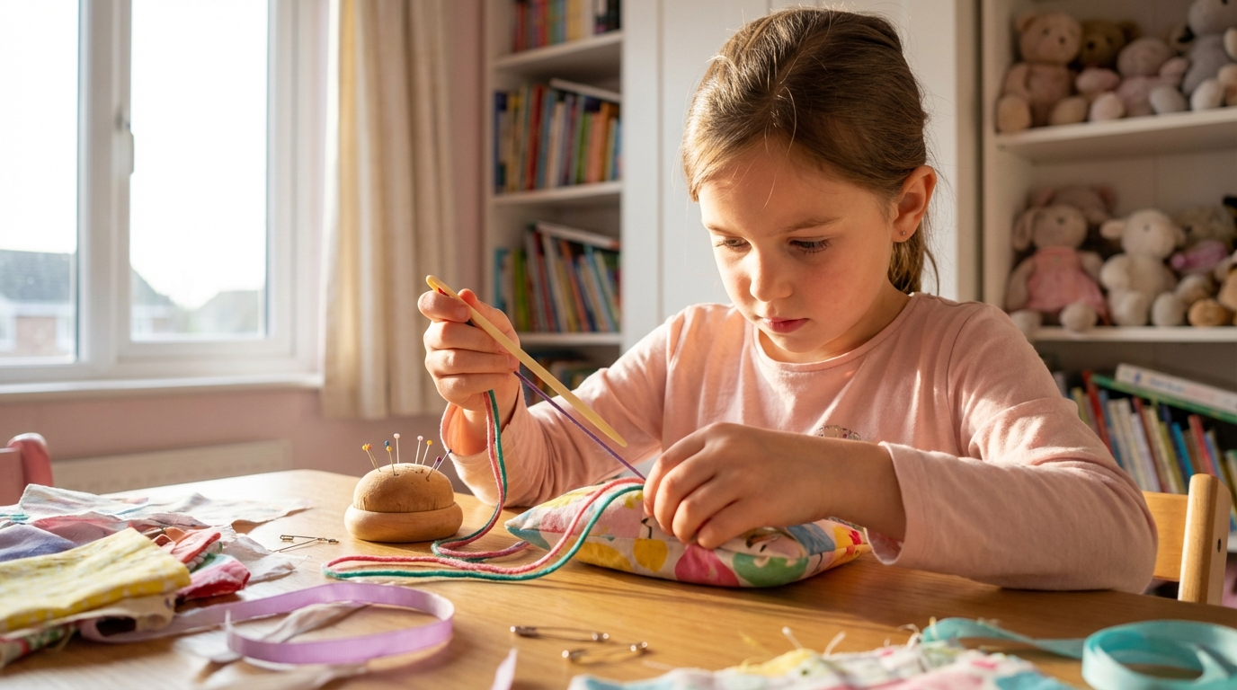 Ребенок шьет простую поделку с безопасными инструментами