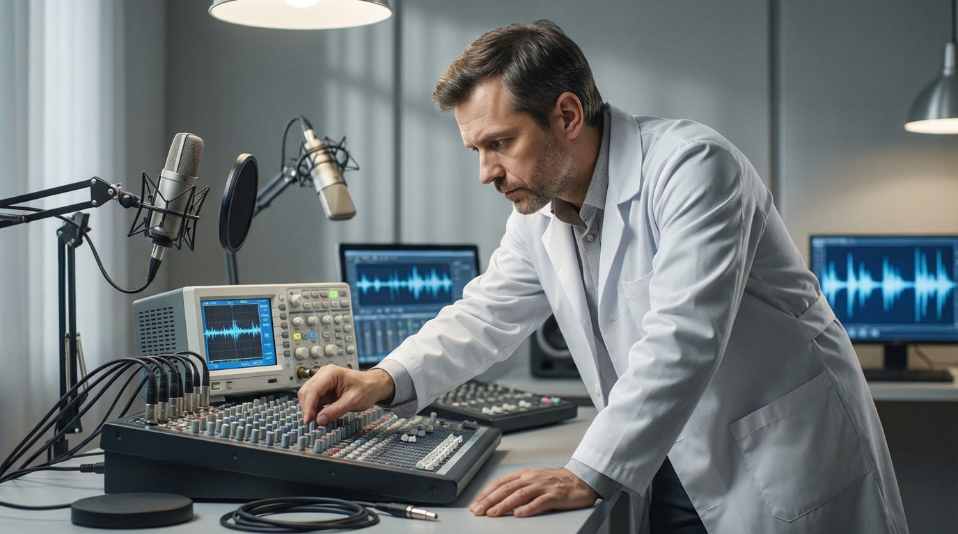 Дмитрий Ковалёв — профессиональное фото инженера в лаборатории с аудиооборудованием