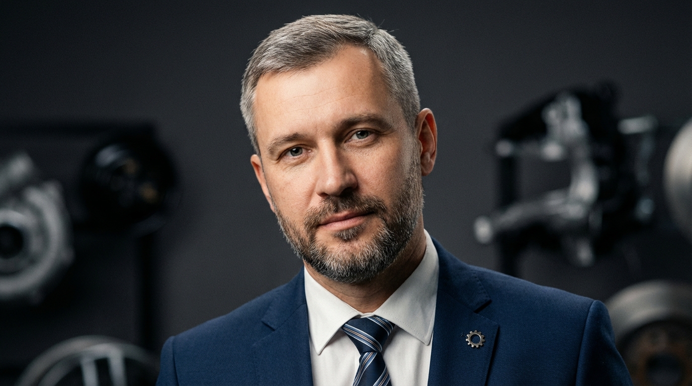 Сергей Ковалёв — портрет автора в студийном освещении, средний возраст, в деловом костюме с элементами автотехники