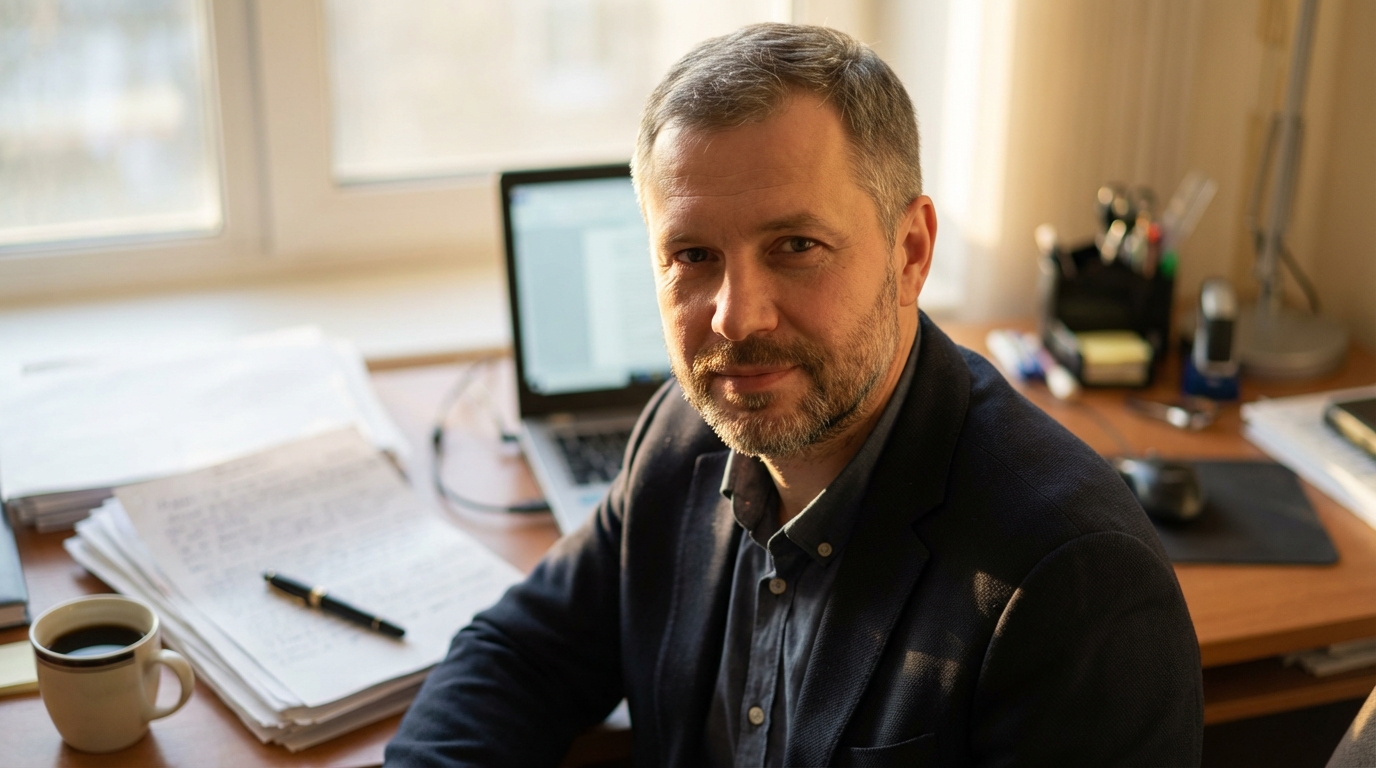 Сергей Воронин — портрет автора в профессиональной обстановке с инструментами