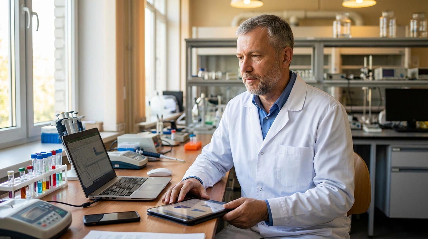 Сергей Воронин — профессиональный портрет эксперта в лабораторной обстановке с гаджетами на столе