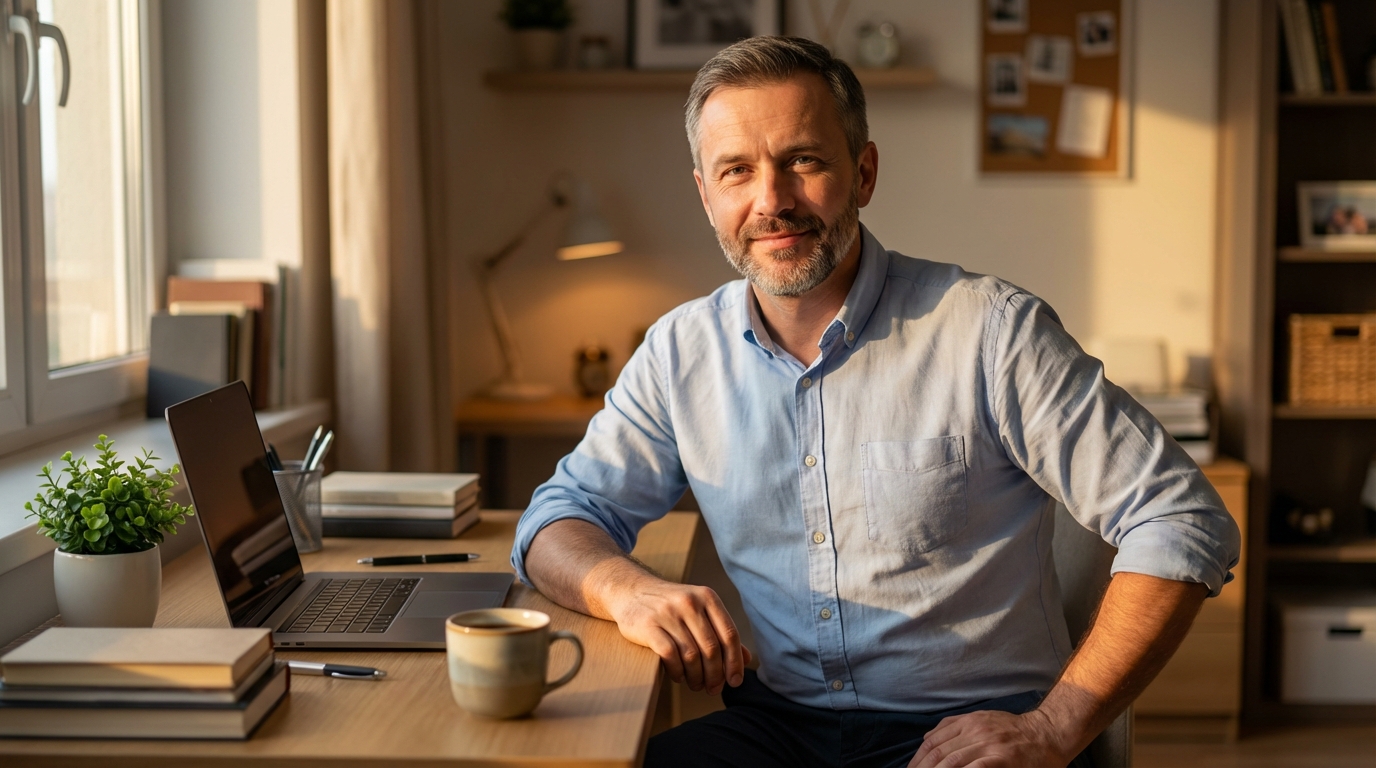 Дмитрий Соколов — портрет автора статьи, фото мужчины средних лет в casual-стиле на фоне рабочего стола с элементами организации пространств