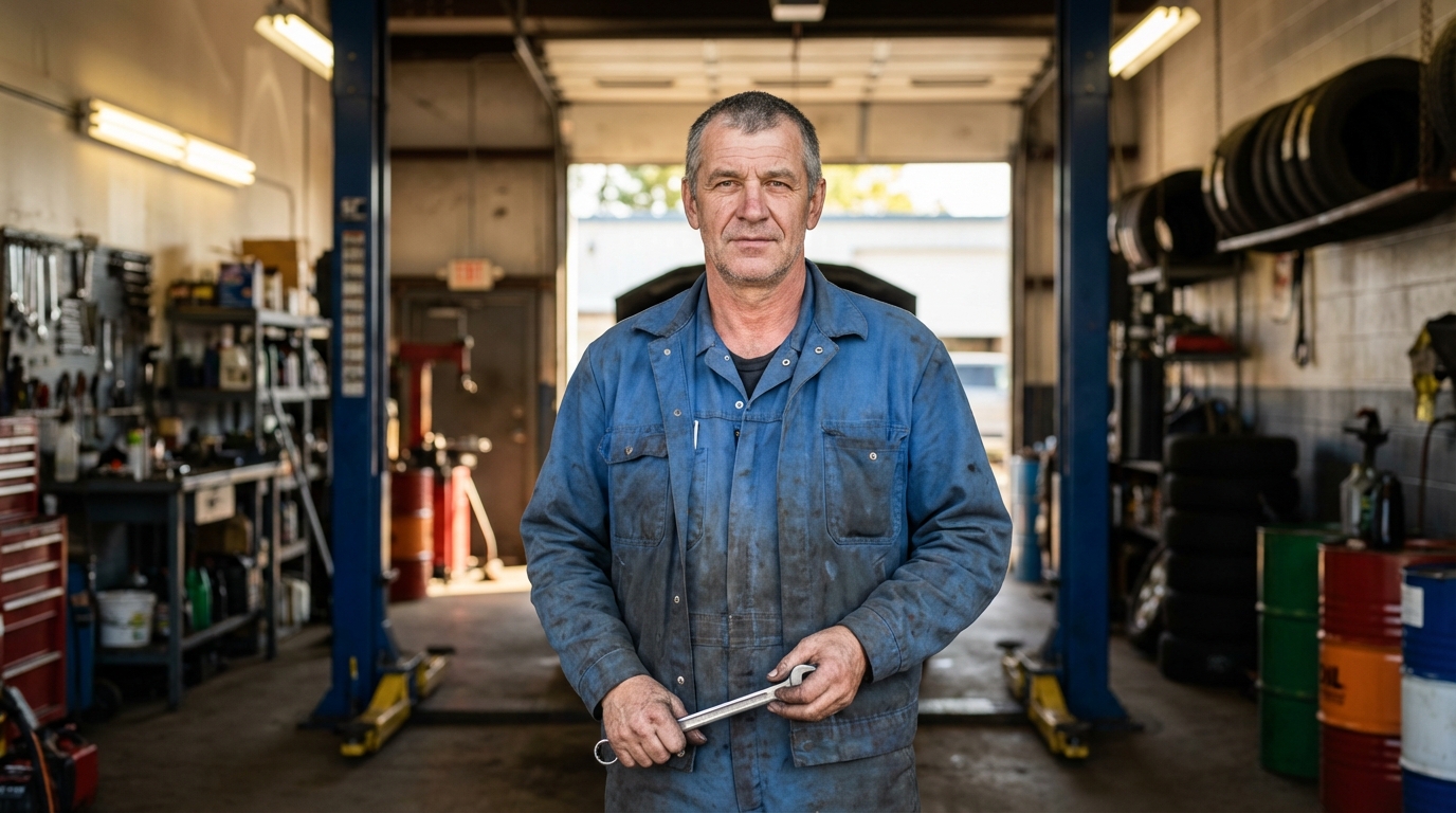 Сергей Крылов — портрет автора статьи, мужчина средних лет в рабочей одежде на фоне автосервиса