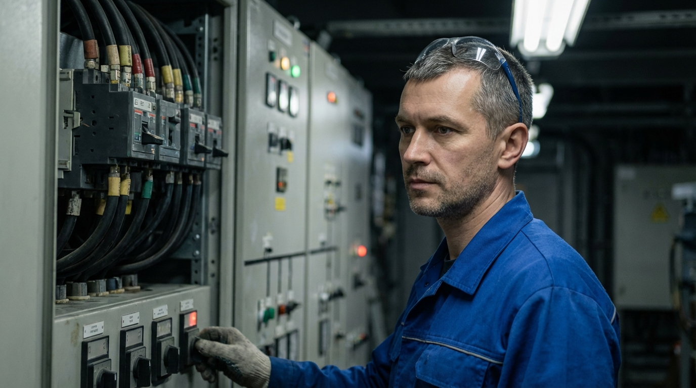 Сергей Козлов — фото инженера в рабочей одежде на фоне электрощита