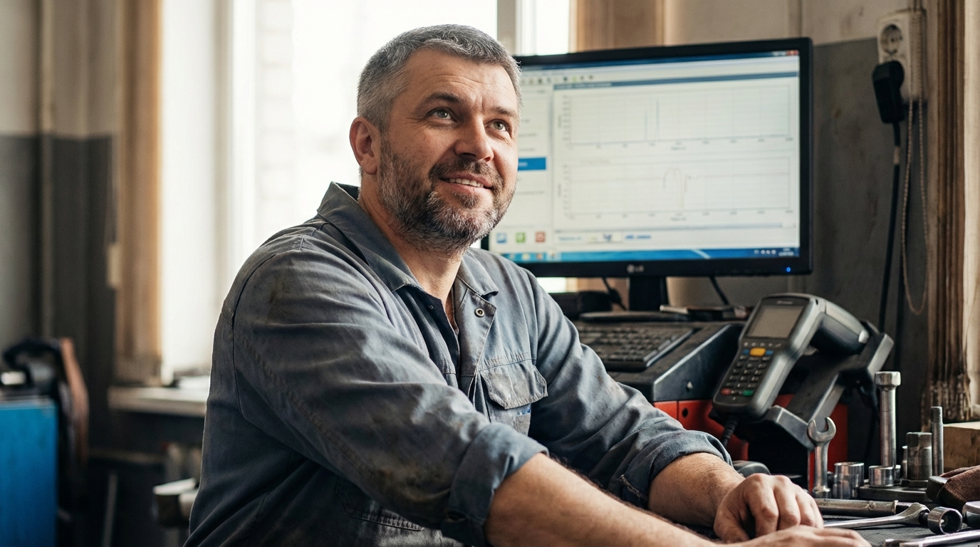 Виктор Лебедев — портрет автора статьи, мужчина средних лет в рабочей одежде у диагностического оборудования