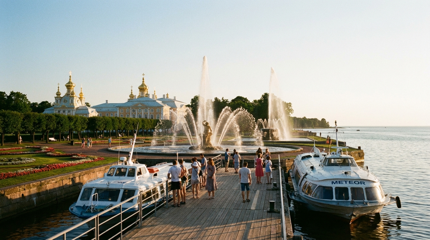 Вид на фонтаны Петергофа с причала 'Метеора'